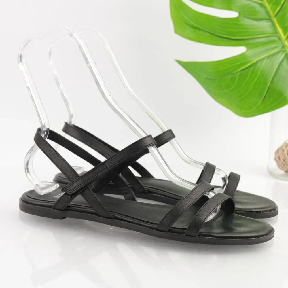 Eileen Fisher Womens Cahill LT Sandal Size 11 Black Leather Slingback Flat Shoe